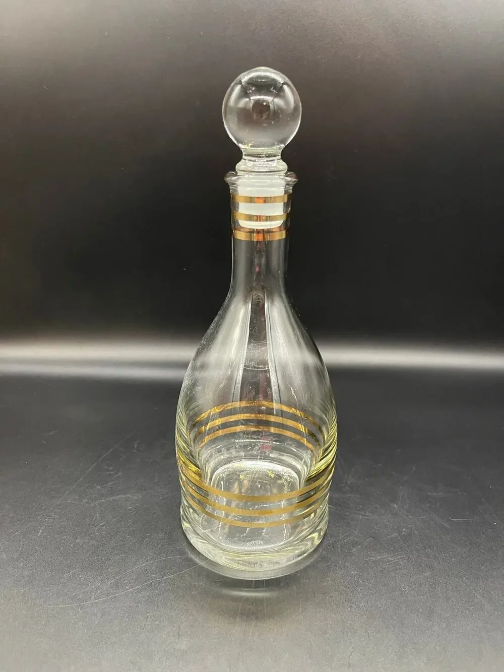 Vintage MCM Barware Decanter with Glass Stopper with Gold Stripes